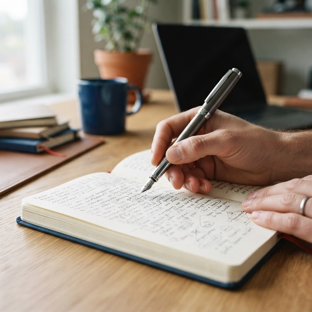 Detailed shot of hands and notebook on desk