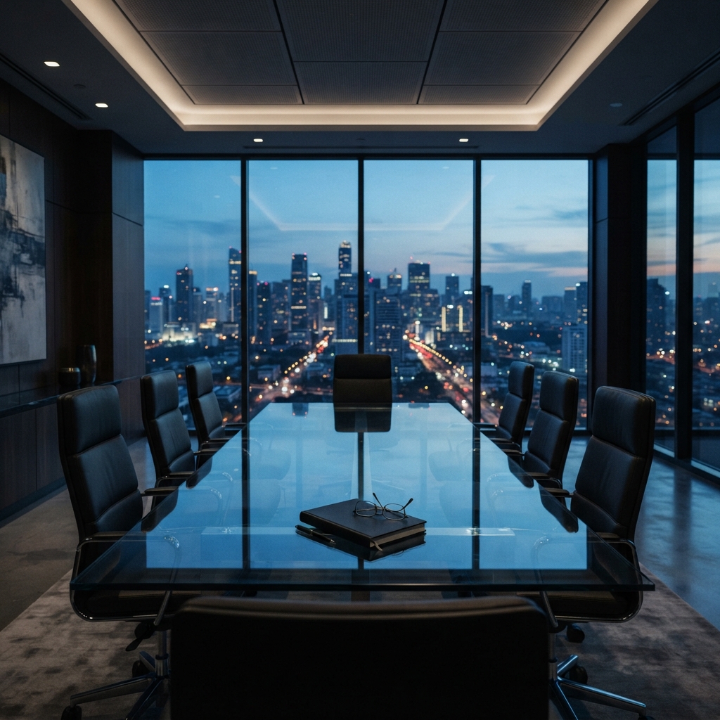 Empty professional conference room in soft lighting