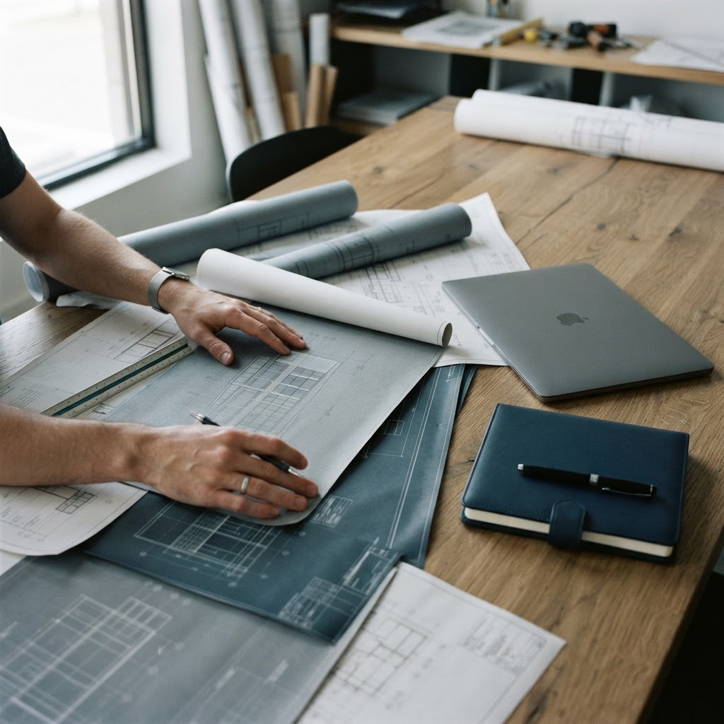 Architectural planning documents on a clean office desk