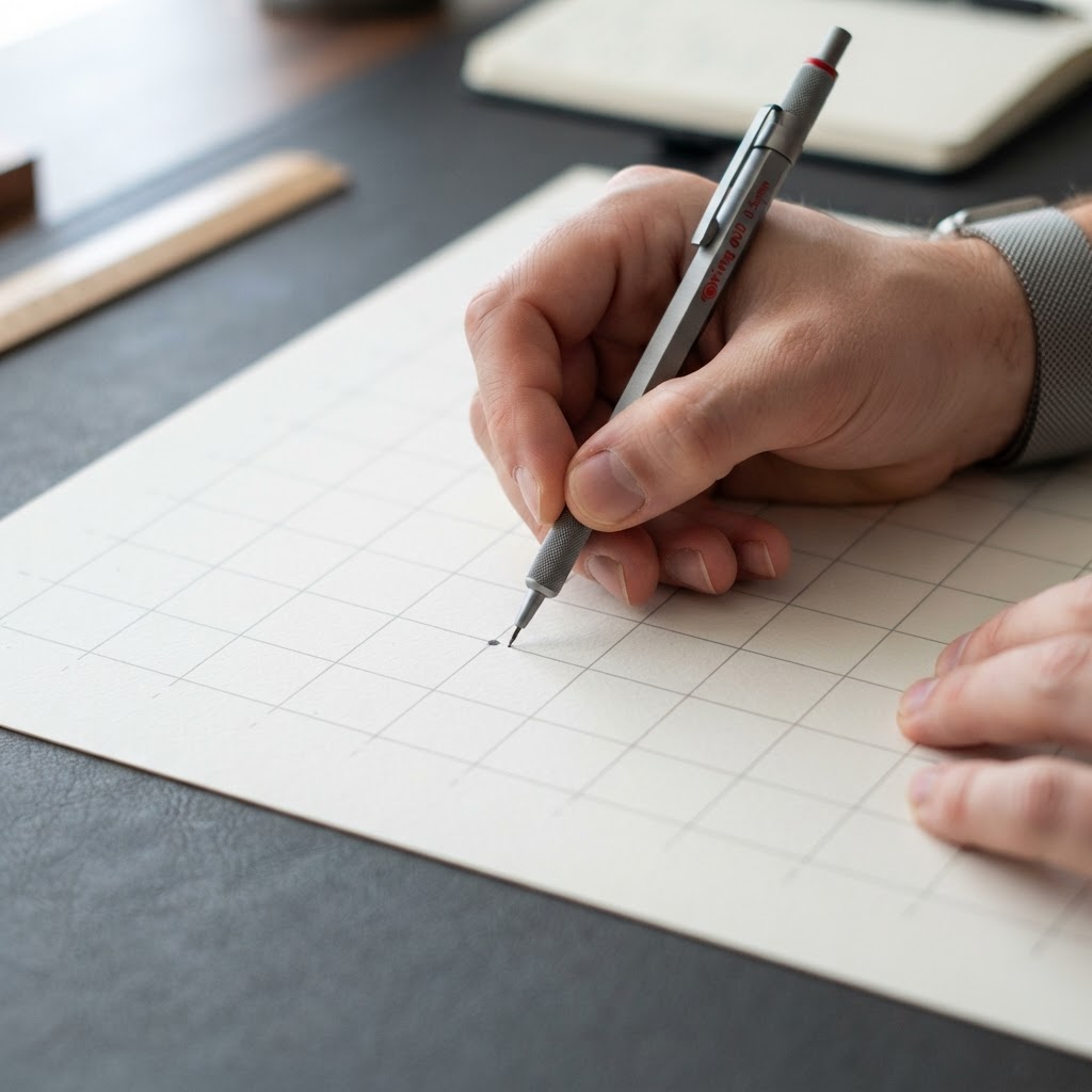 A close up view of a pencil marking a paper grid