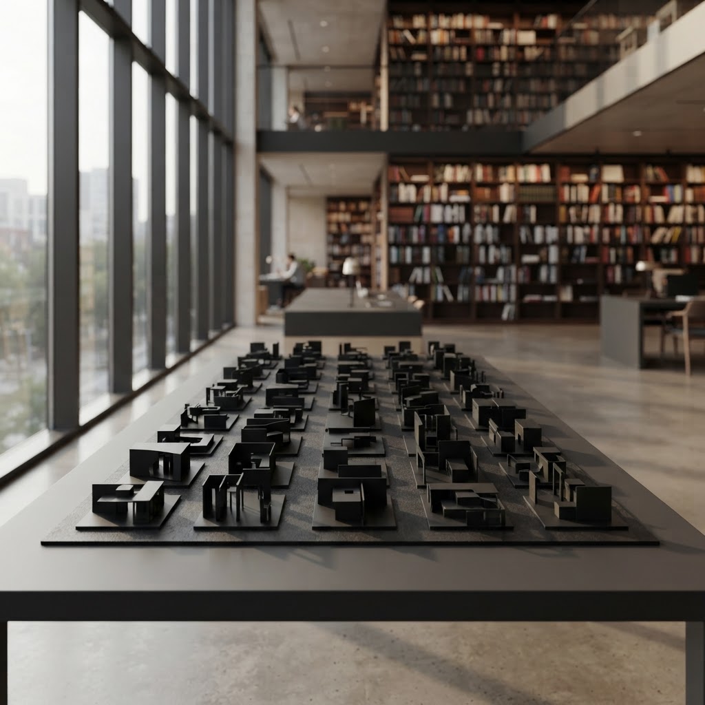 A row of orderly architectural structures on a charcoal desk