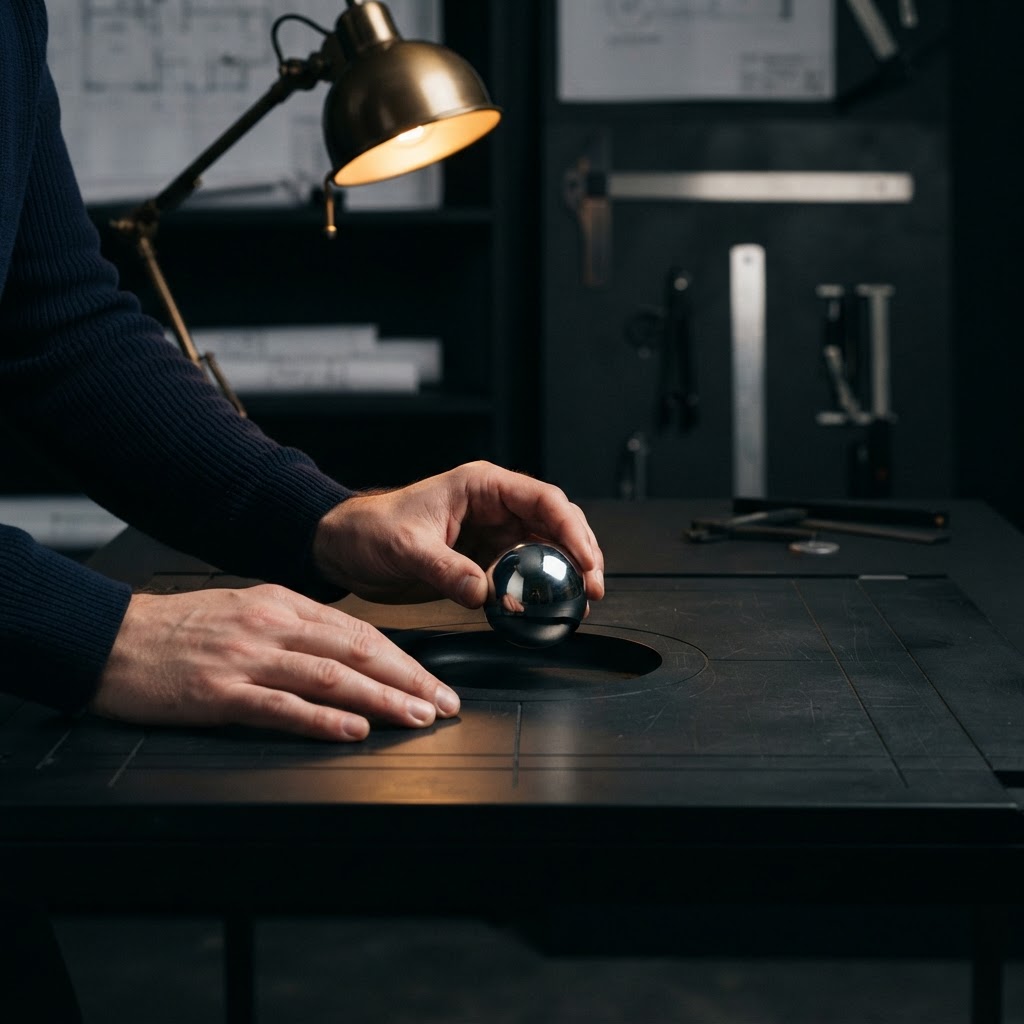 Hands placing a metal sphere into a precise circular slot