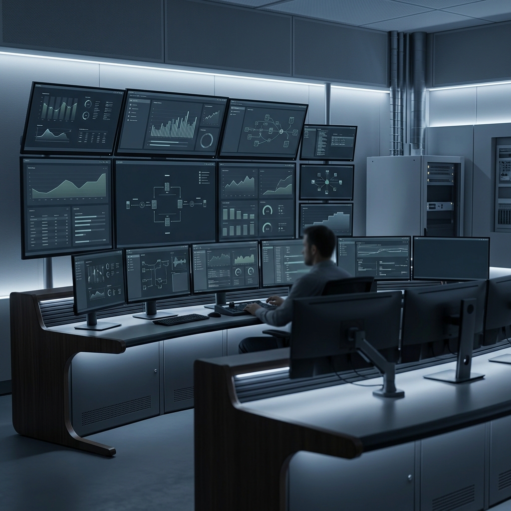 Operator monitoring multiple data dashboards with clarity