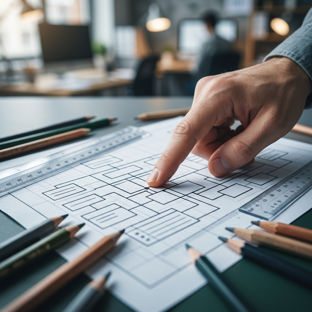 Hand examining detailed organizational structure blueprint