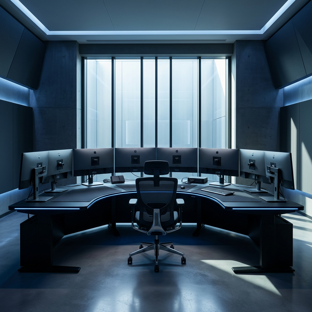 Minimalist control room with multi-monitor infrastructure setup