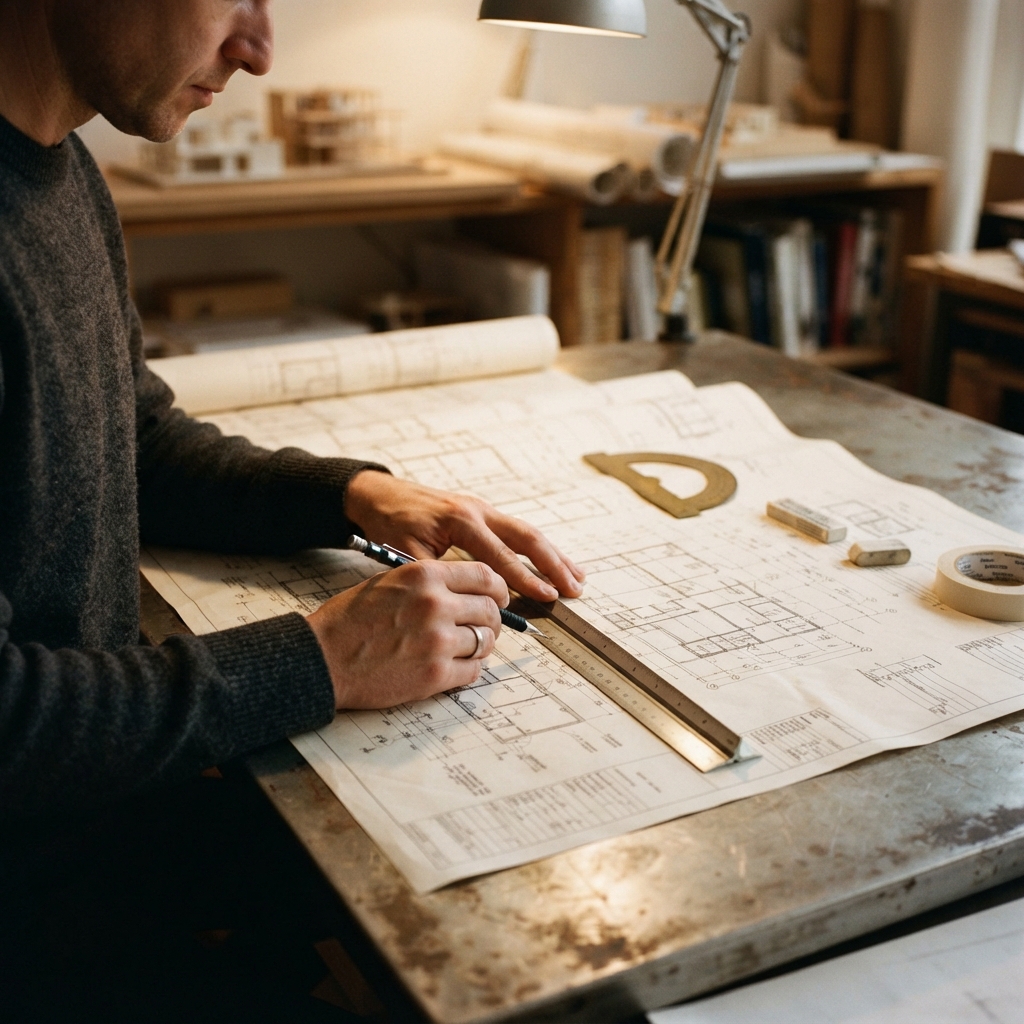 Architectural blueprints on a professional drafting table