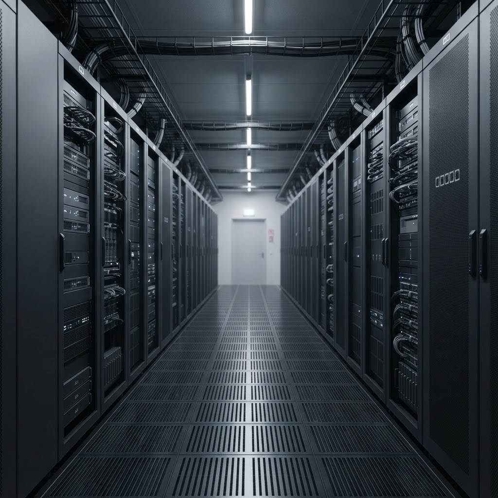 Rows of professional server hardware in a quiet room