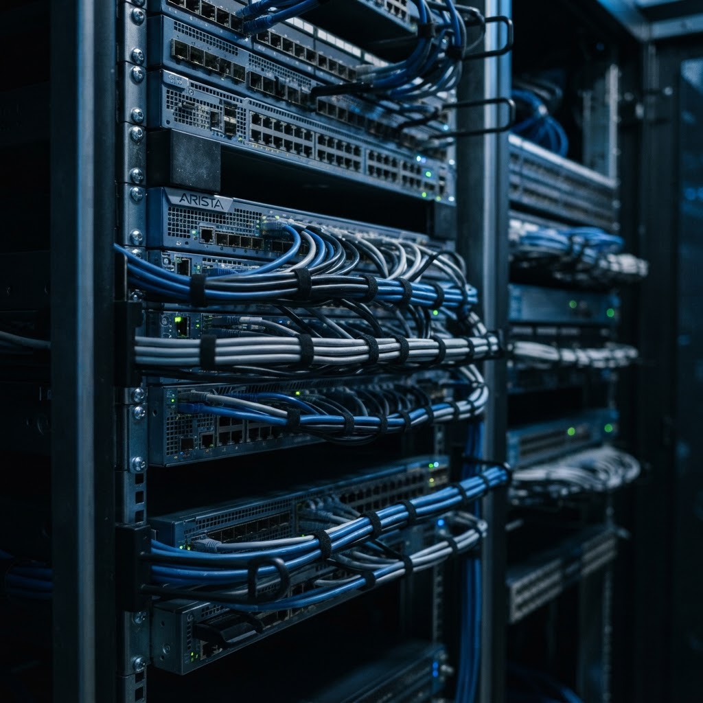 Detail of server rack hardware and cabling