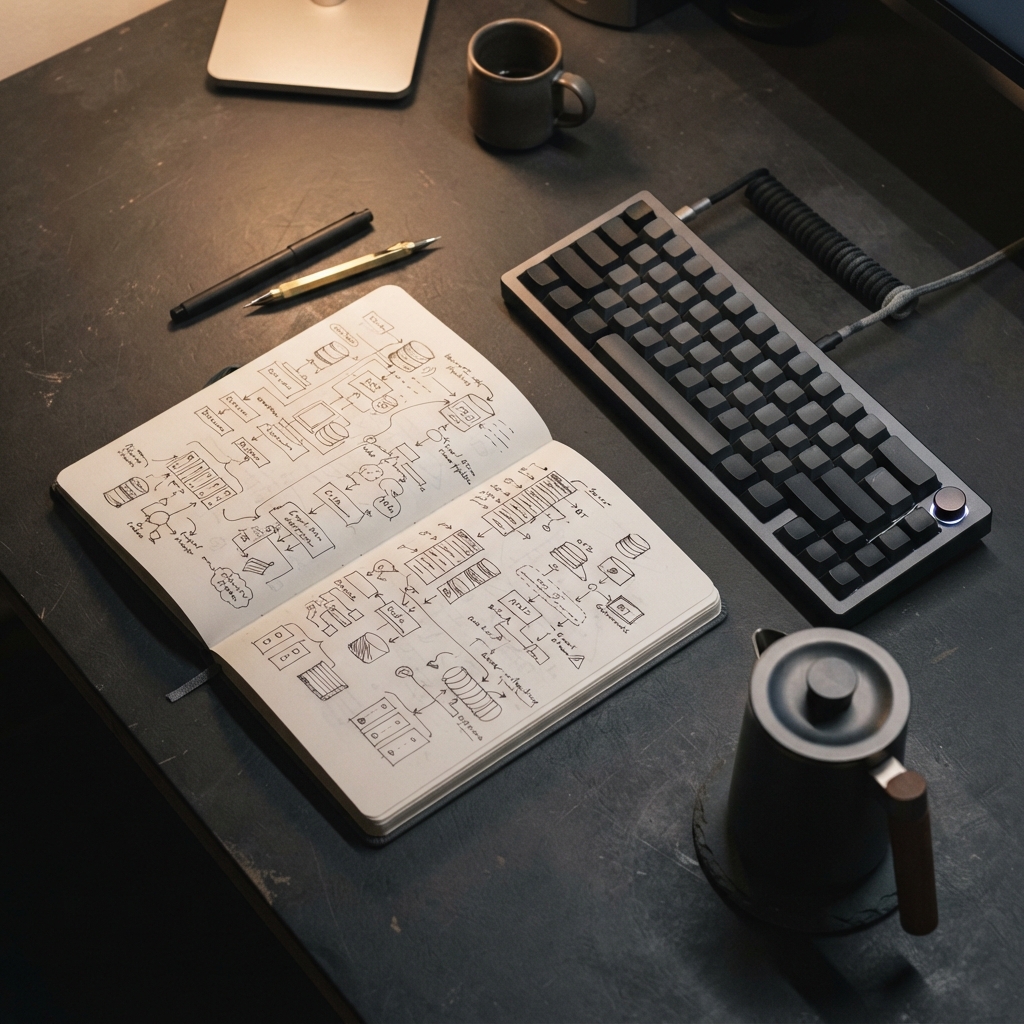 Top down view of a workspace with engineering sketches