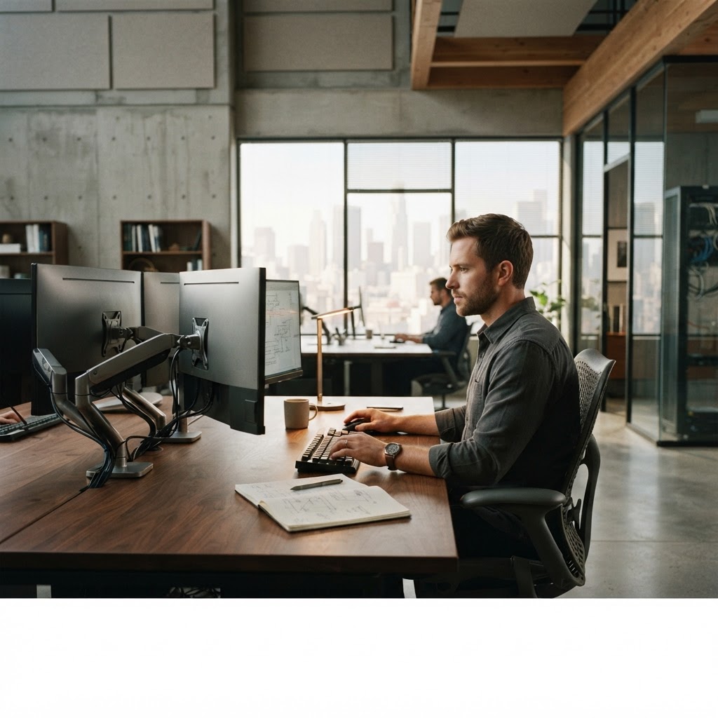 Engineer focused on deep work in a clean office