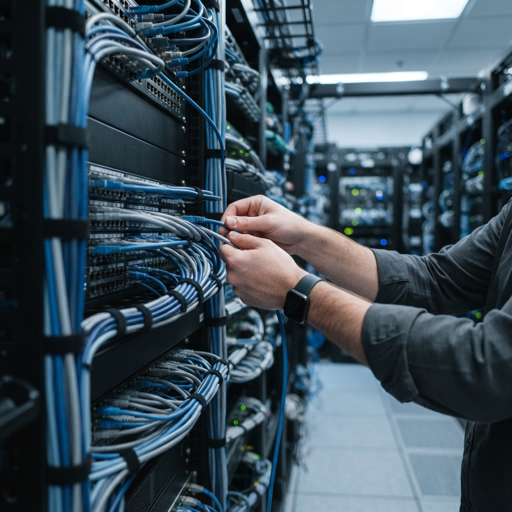 Precise hands organizing server cabling infrastructure