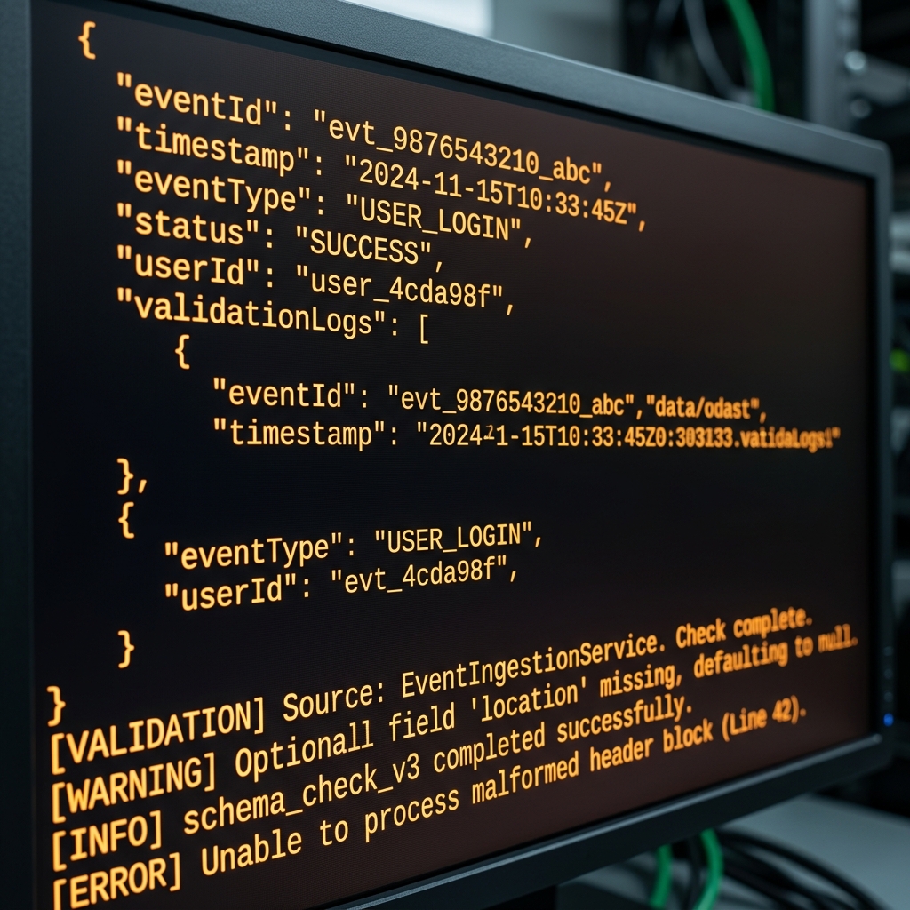 Terminal screen displaying server-side event schema validation