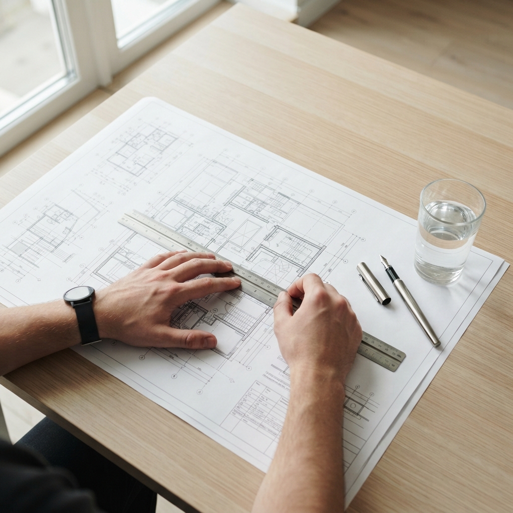 Engineer reviewing technical blueprints at a clean desk