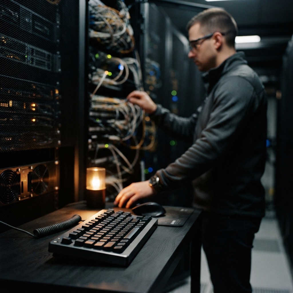 Engineer operating server infrastructure in a modern office