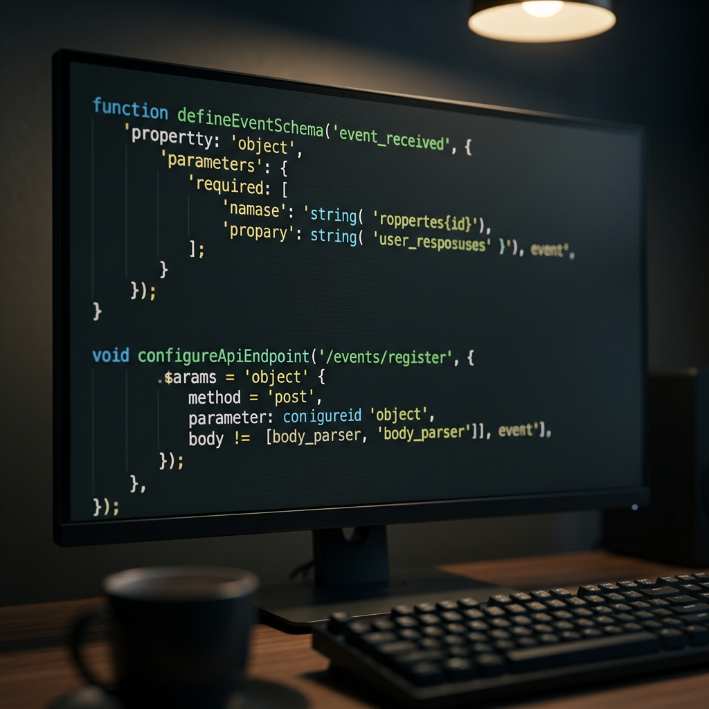Code on terminal screen showing event schema