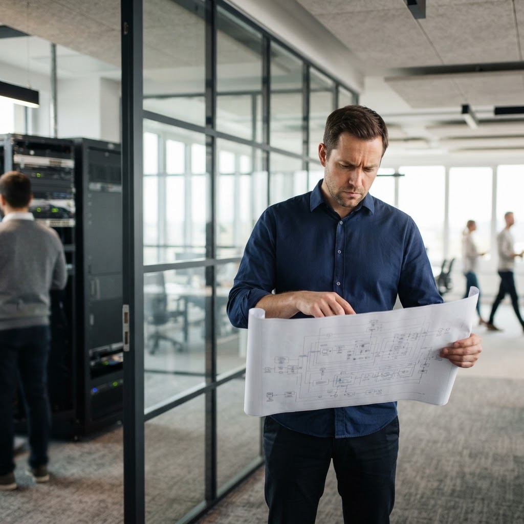 Data engineer reviewing technical documentation in an office