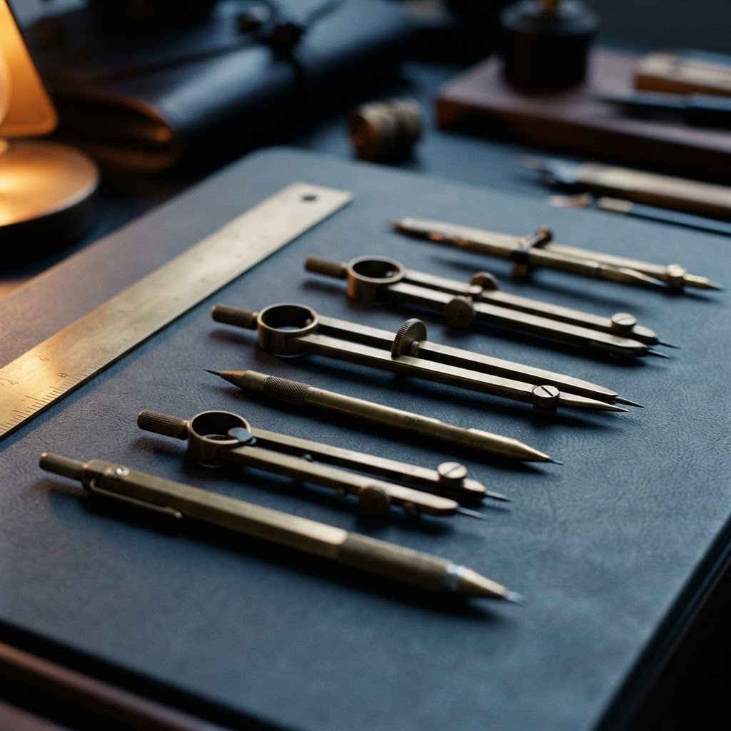 Brass drafting tools organized on a gray desk