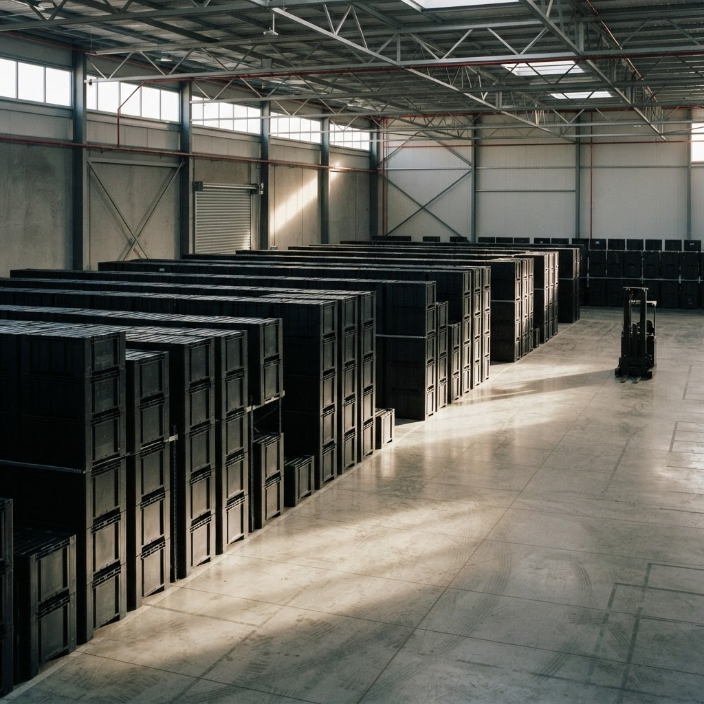 Minimalist industrial warehouse with stacked shipping crates