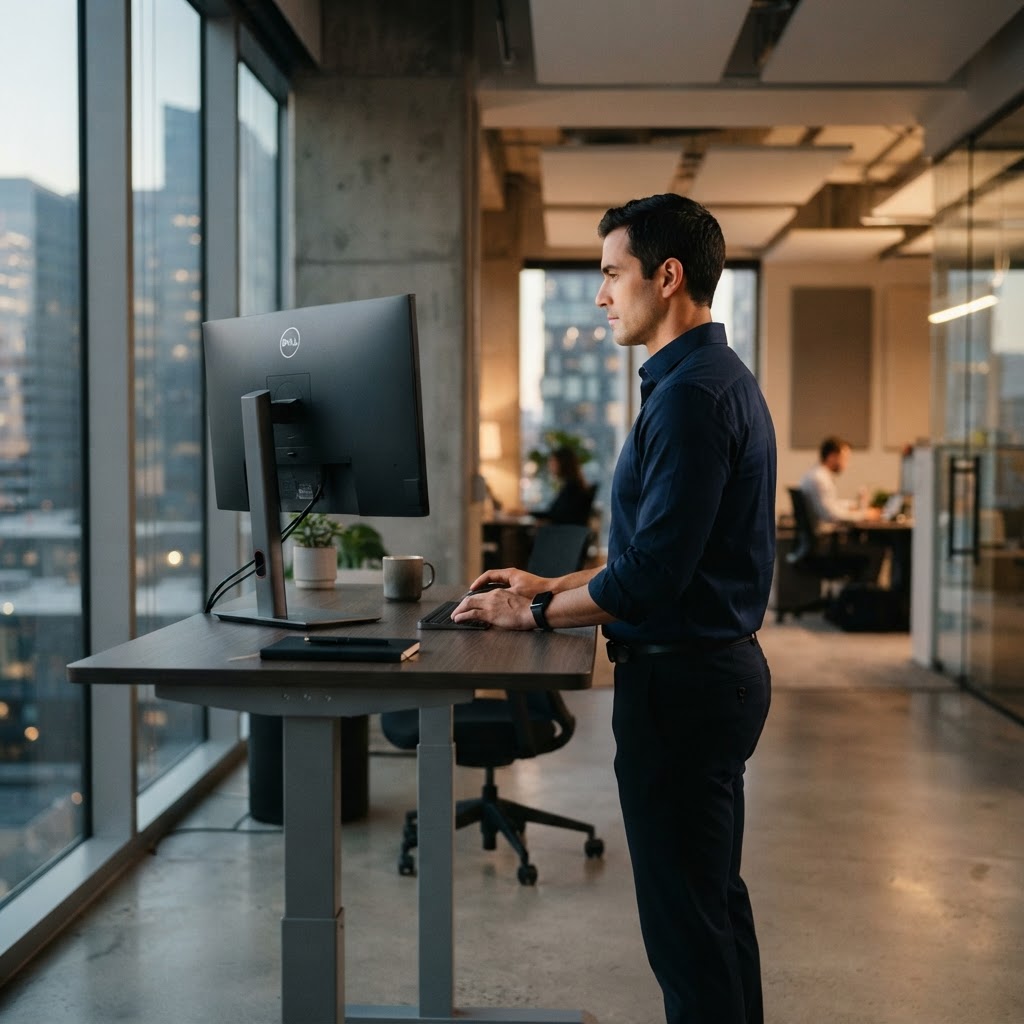 Professional working at a standing desk with monitor turned away