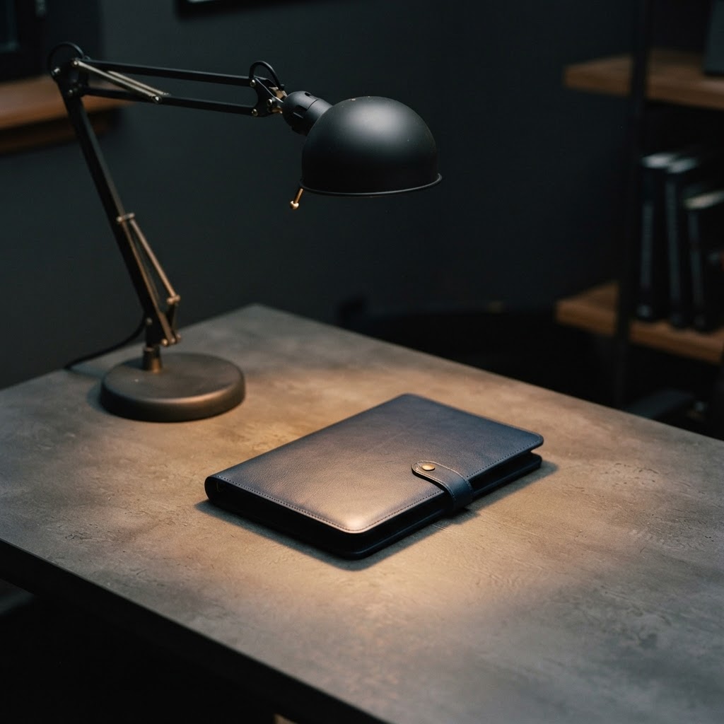A focused warm light on a professional desk surface