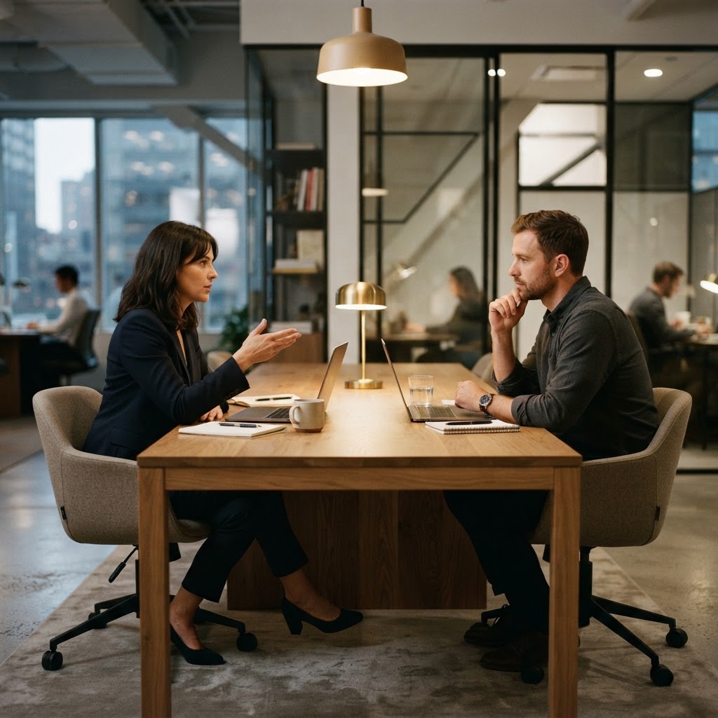 Colleagues having a discussion in a professional office