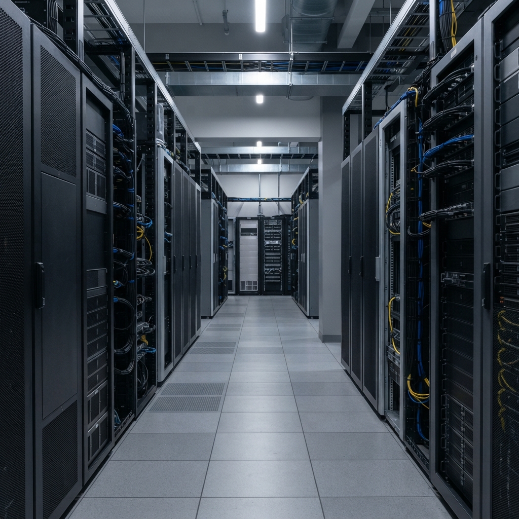 A modern and clean server room aisle