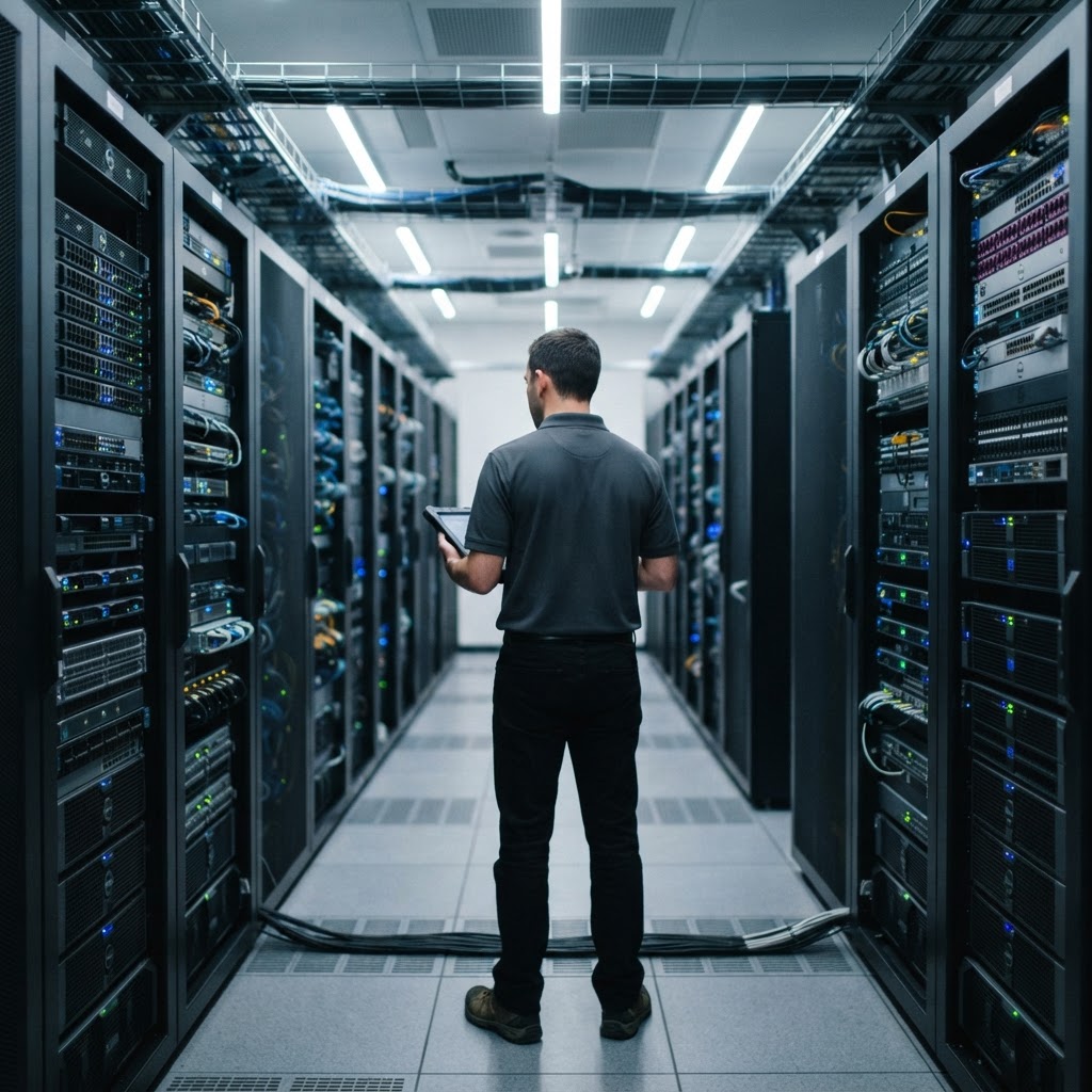 Engineer observing technical server infrastructure