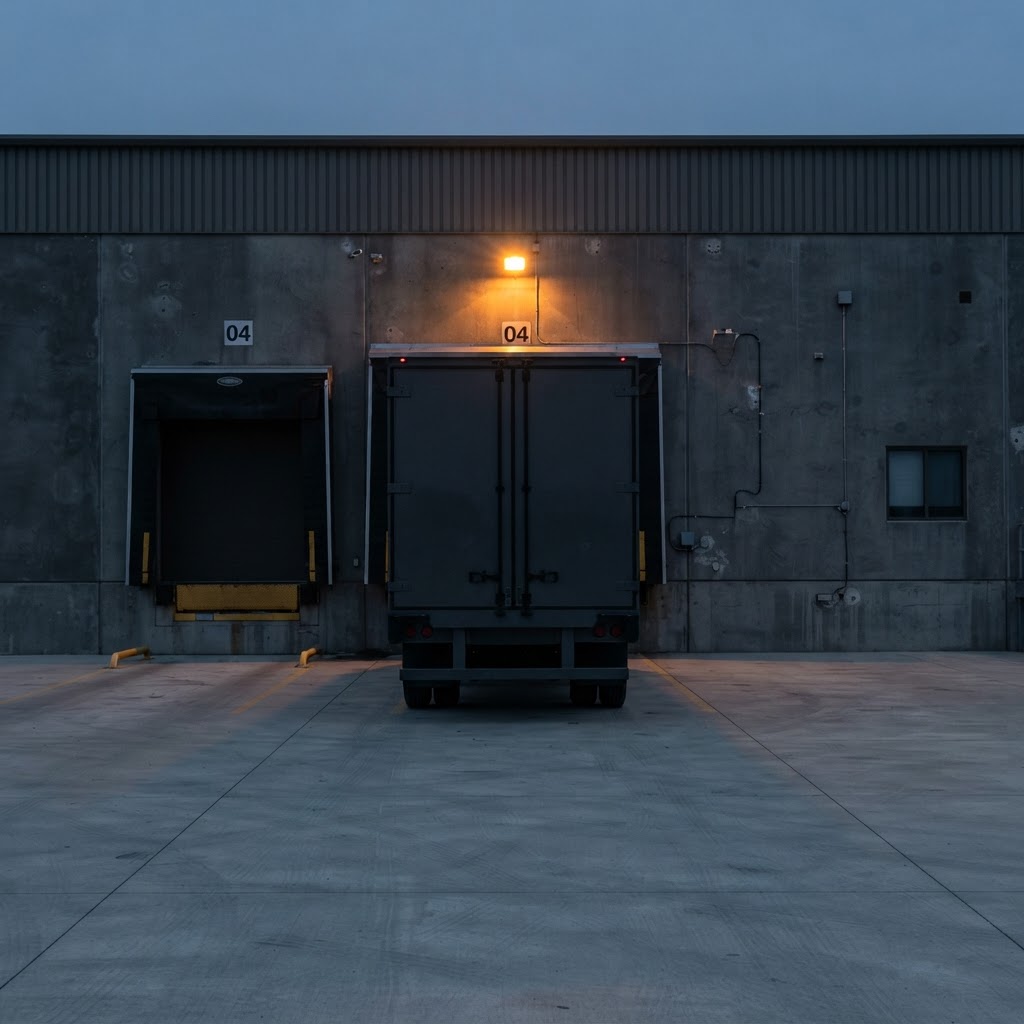Industrial loading dock at dusk with amber safety light