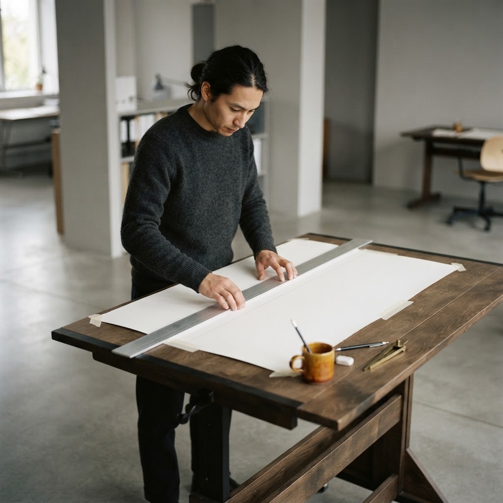 Person using a straightedge on paper at a drafting table