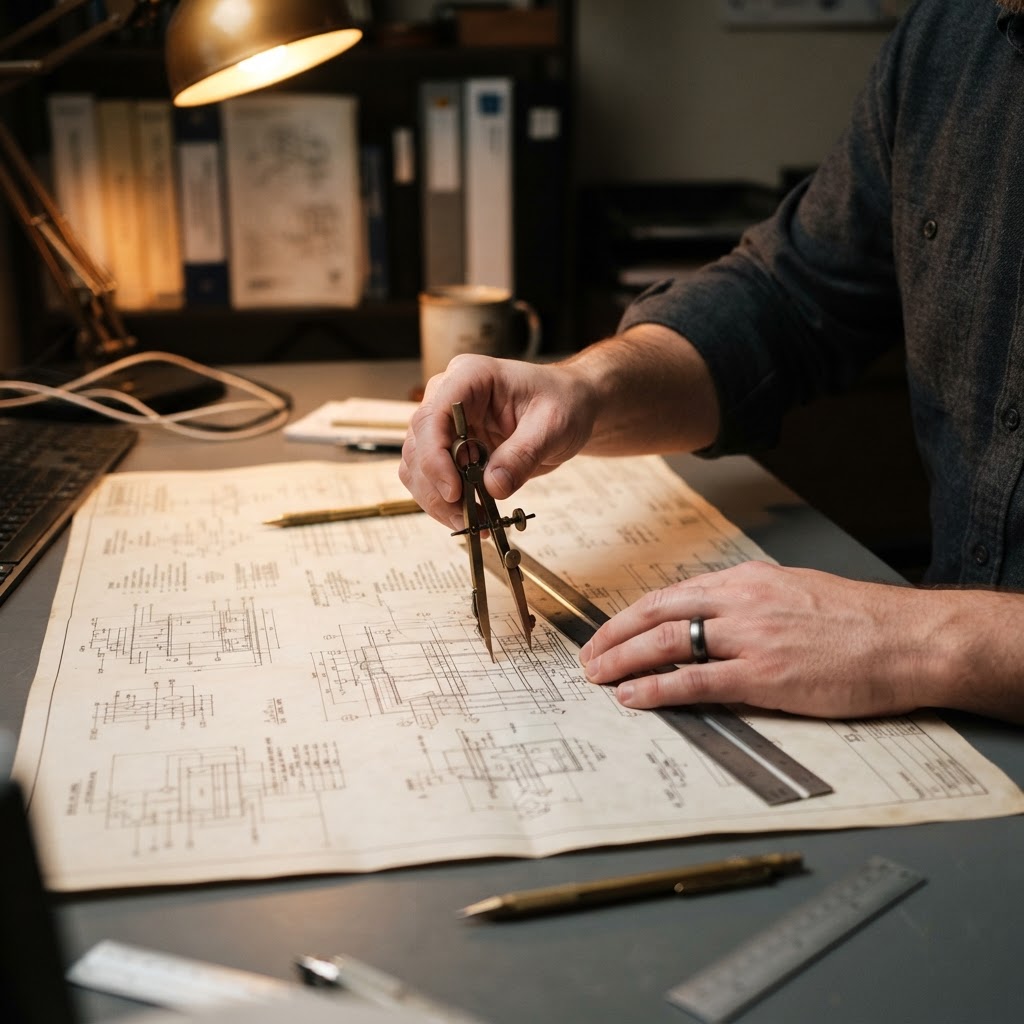 Data engineer planning tracking infrastructure on technical blueprints