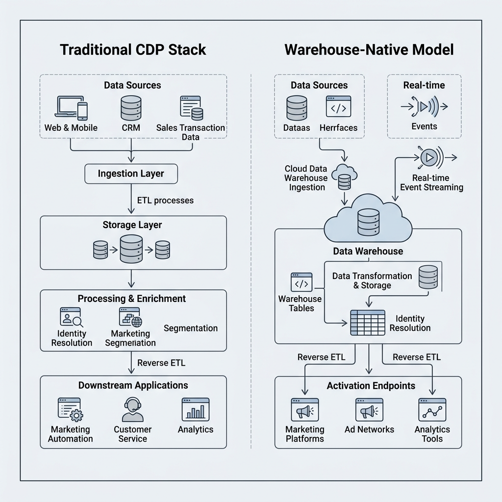 Side-by-side schematic comparison of CDP architectures