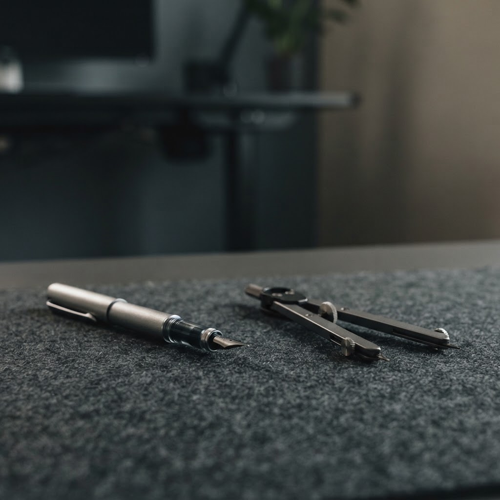 Close up of professional drafting tools on an office desk