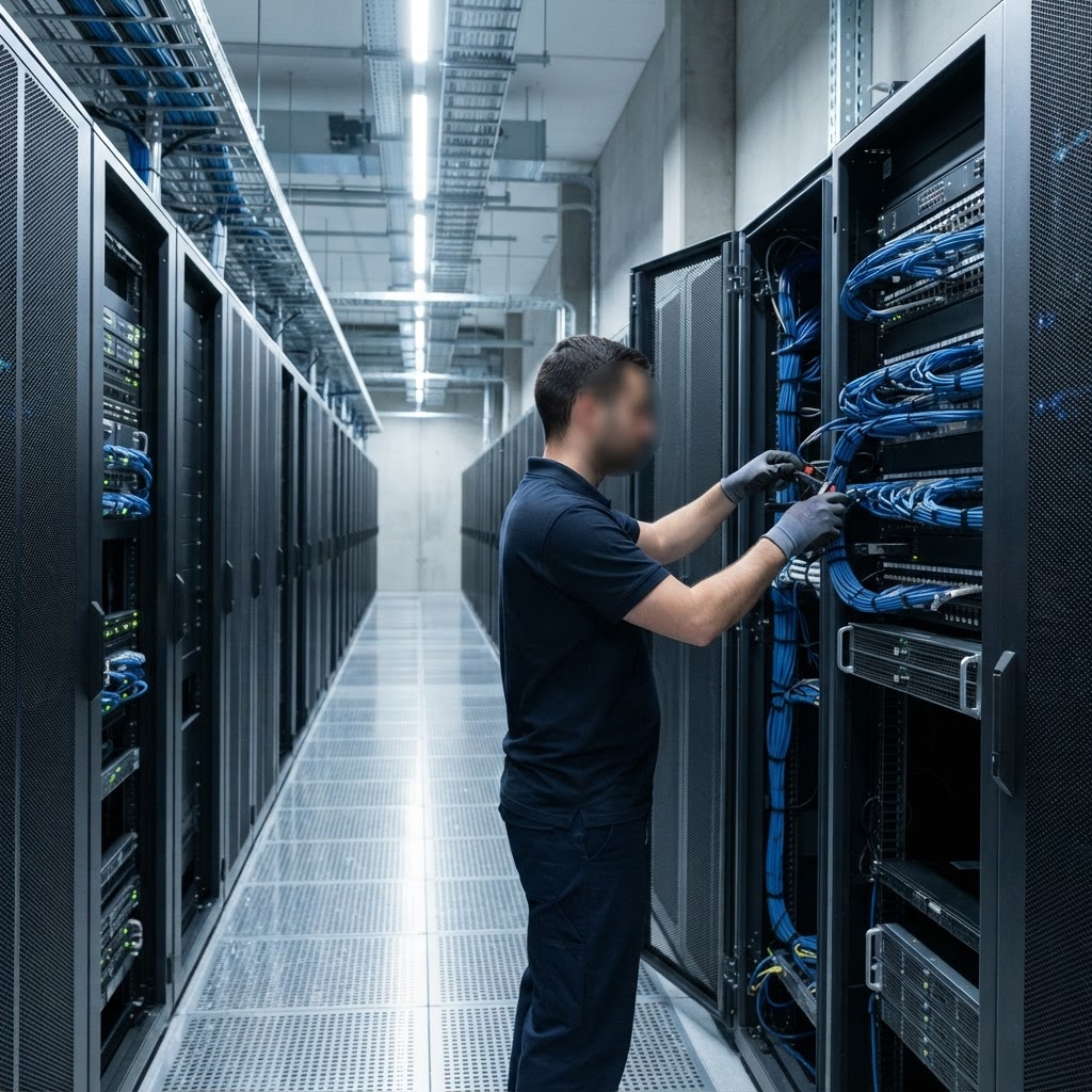 Data engineer working in a professional server room