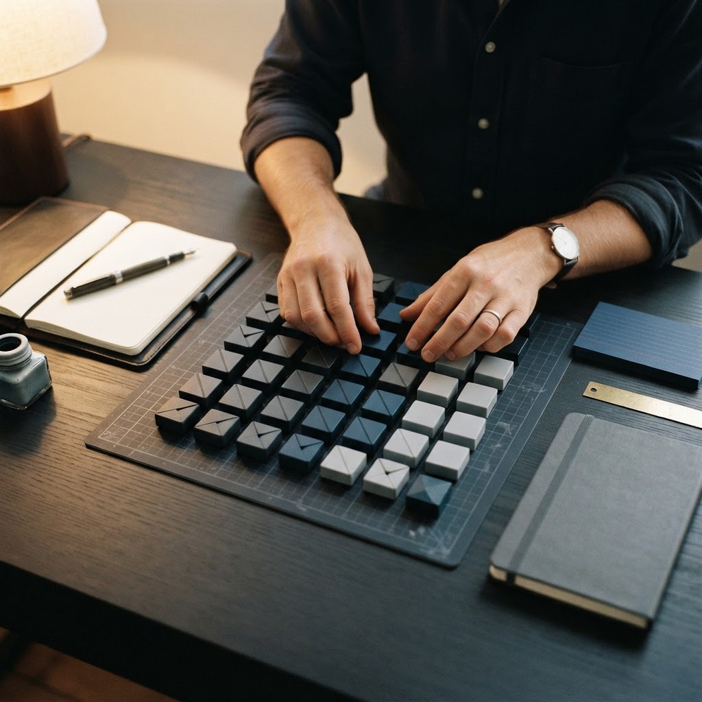 Hands organizing physical components on a desk