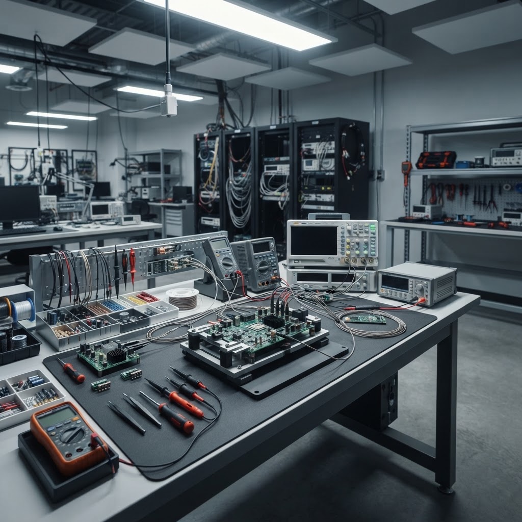 Hardware testing station with technical tools