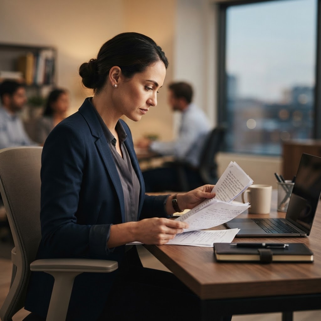 Professional reviewing documents at a modern desk