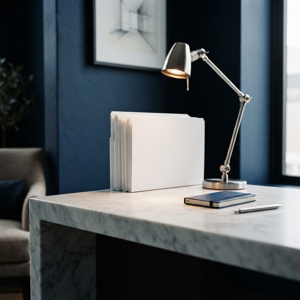 Styled minimalist office desk detail with clean geometry