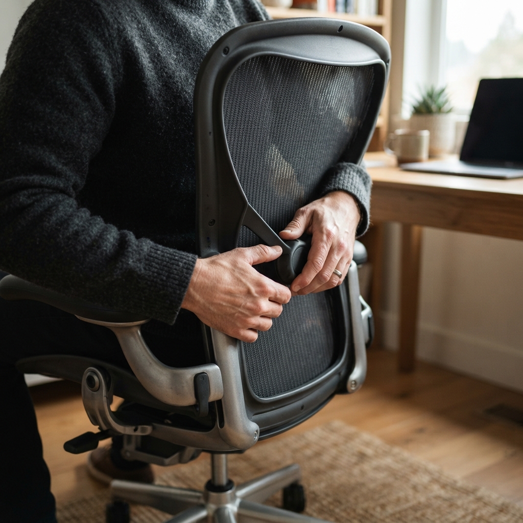 Person adjusting ergonomic office chair in home workspace