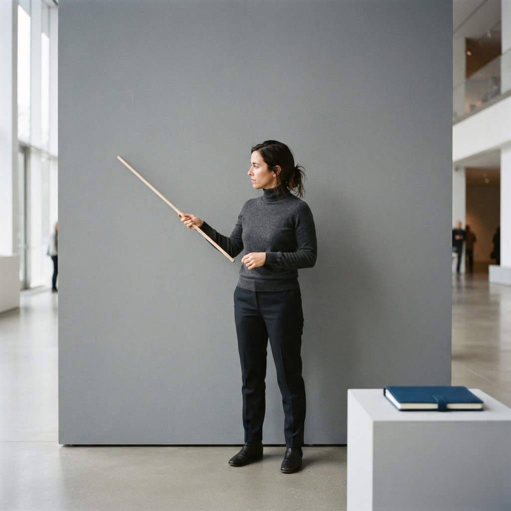 A person gesturing toward a blank gray wall in a modern office