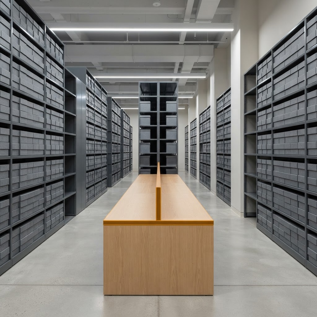A quiet and orderly archive room with storage shelves