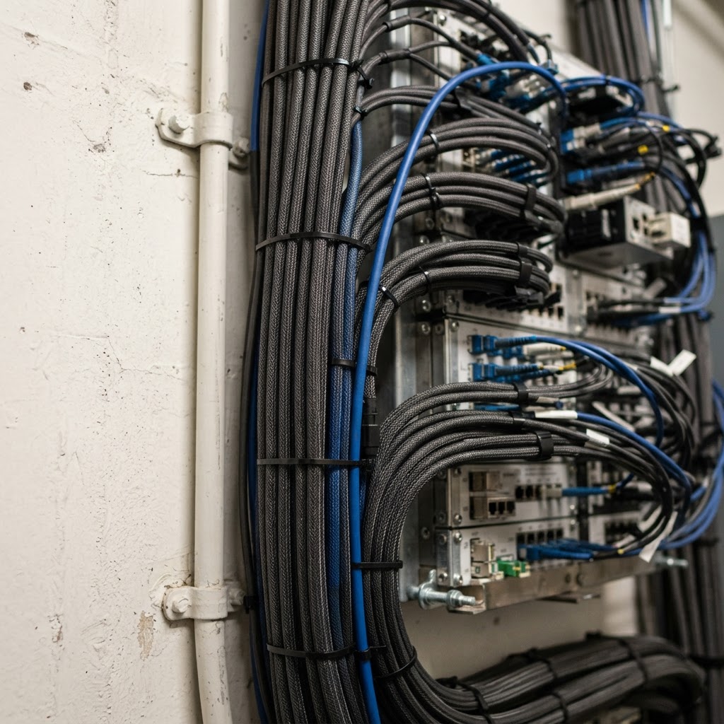 Cleanly organized industrial cables against a plain wall