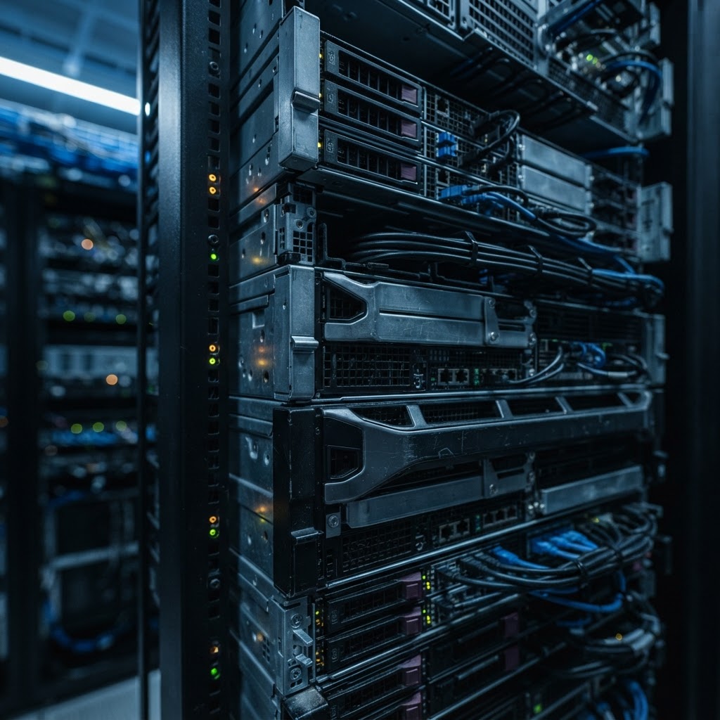 Close up of clean professional server rack hardware
