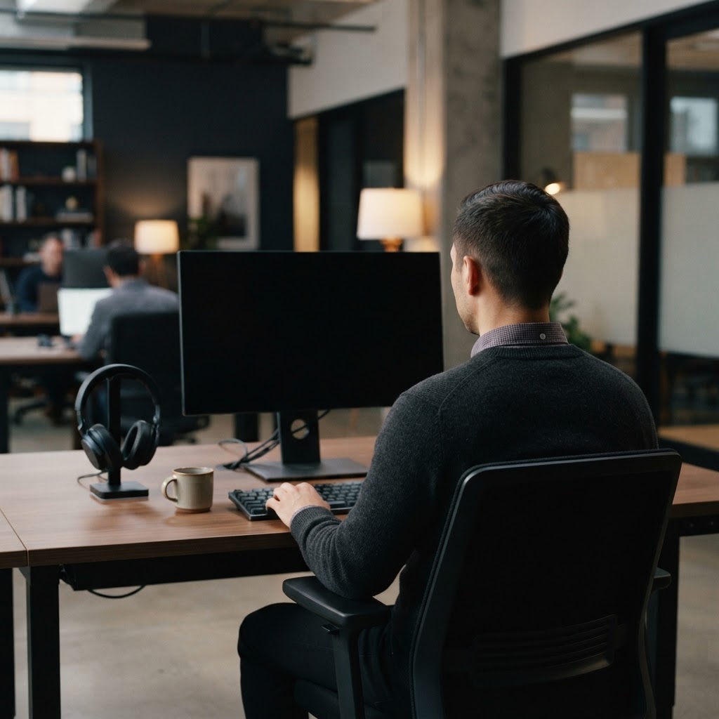 Developer sitting at a desk with a powered down workstation