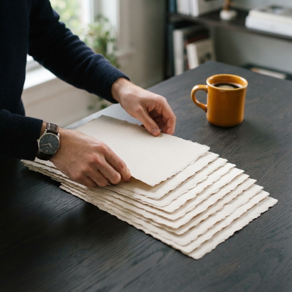 Hands organizing cascading sheets of paper on a dark desk