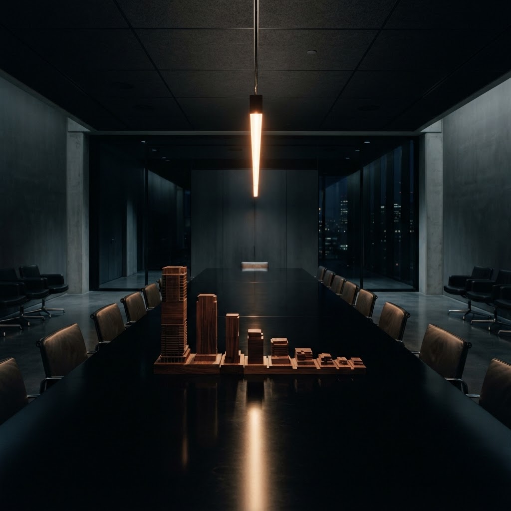 Minimalist architectural models on a long black conference table
