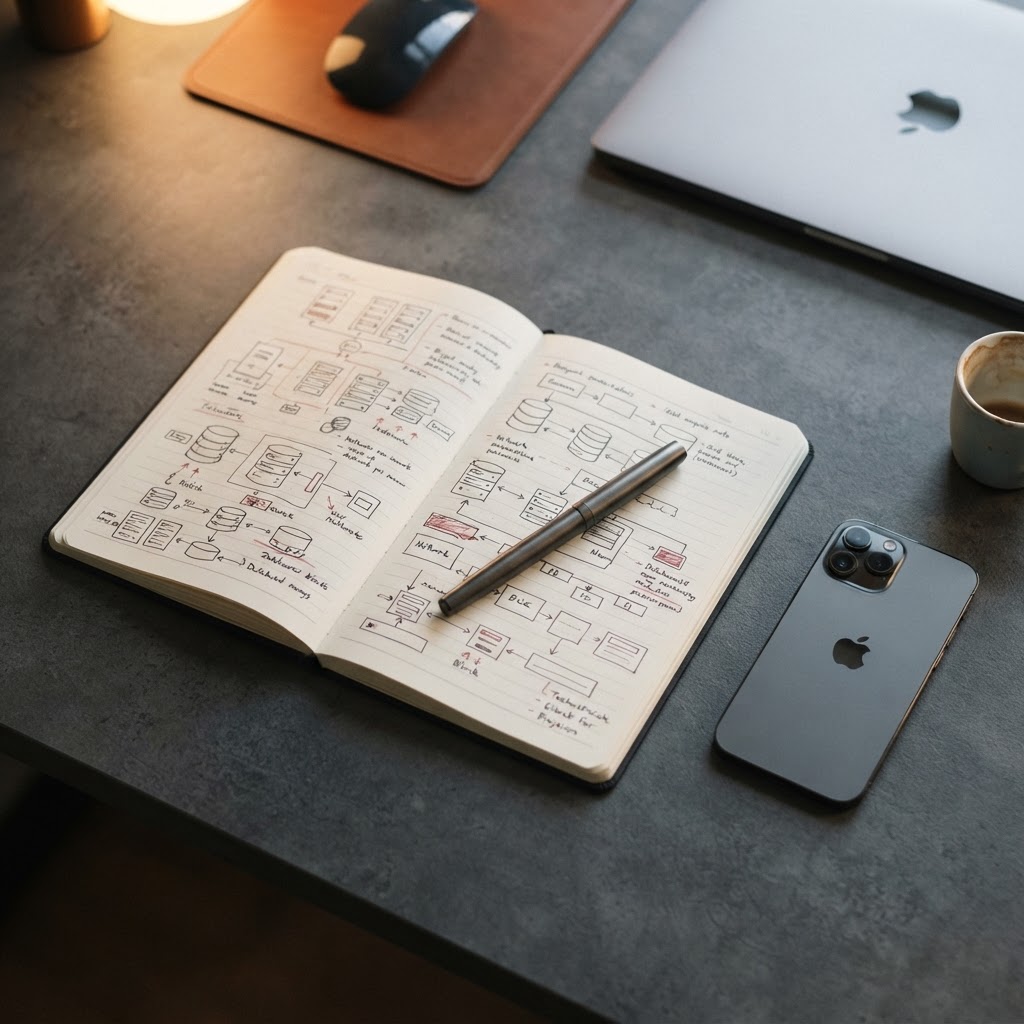 Close up of technical planning and notes on a desk
