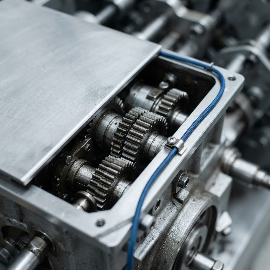 Close up of precise metal machinery parts and a blue cable