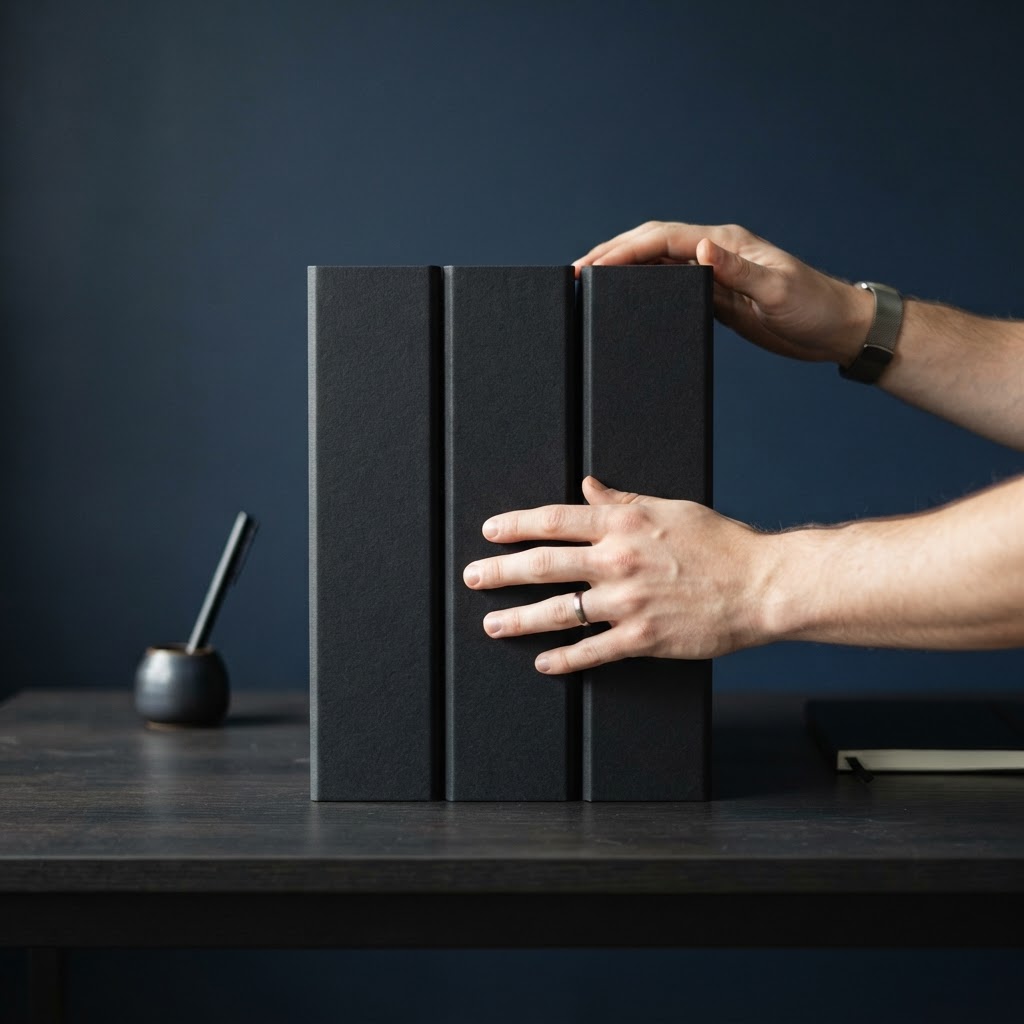 Hands adjusting matte black folders on a minimalist desk
