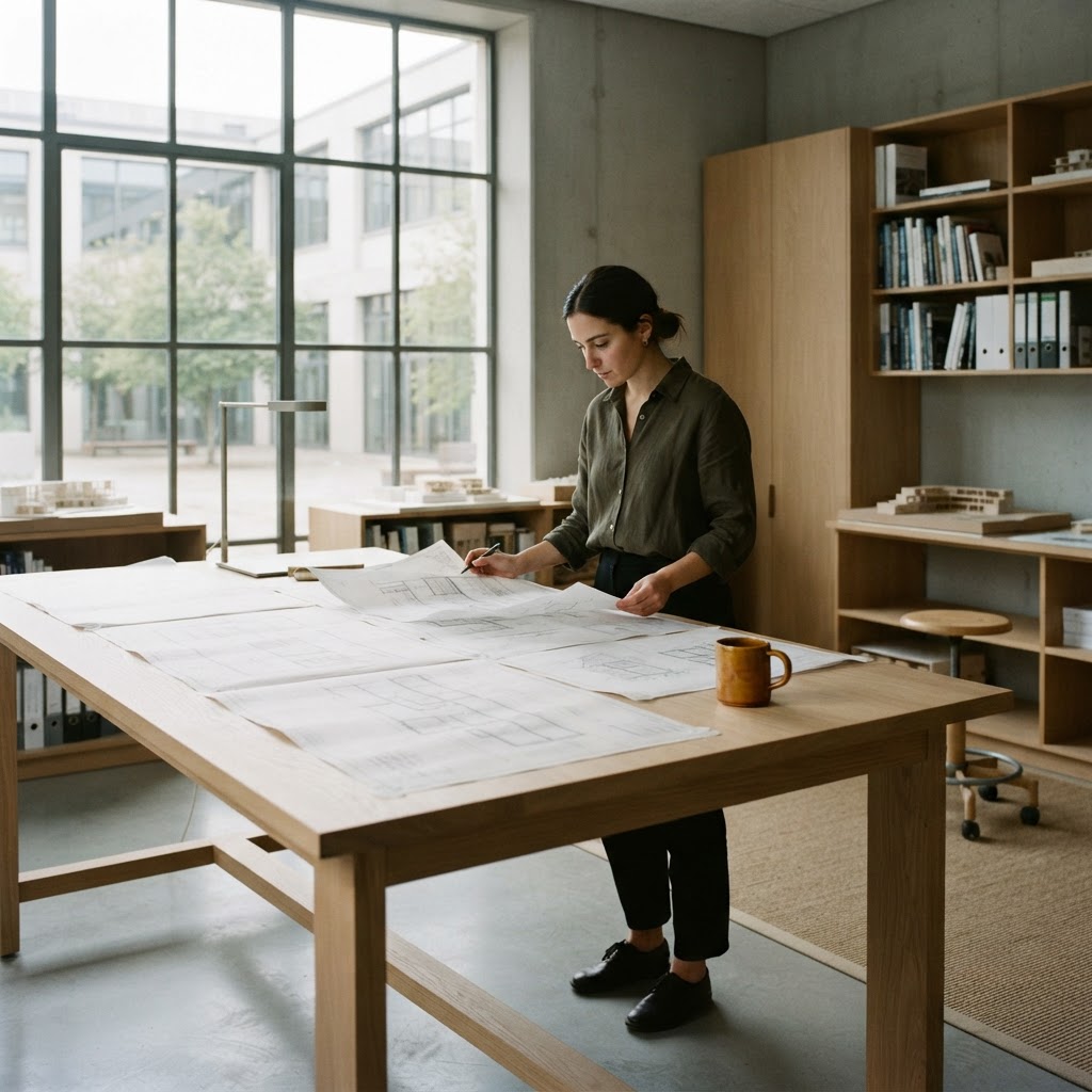 Person reviewing layered architectural sheets at a drafting table