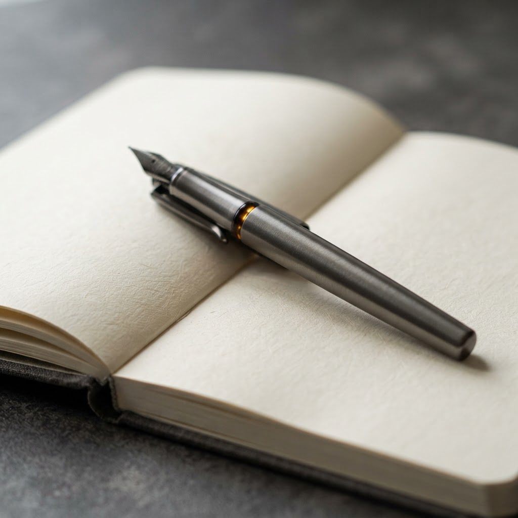 Macro view of a fountain pen on an open notebook